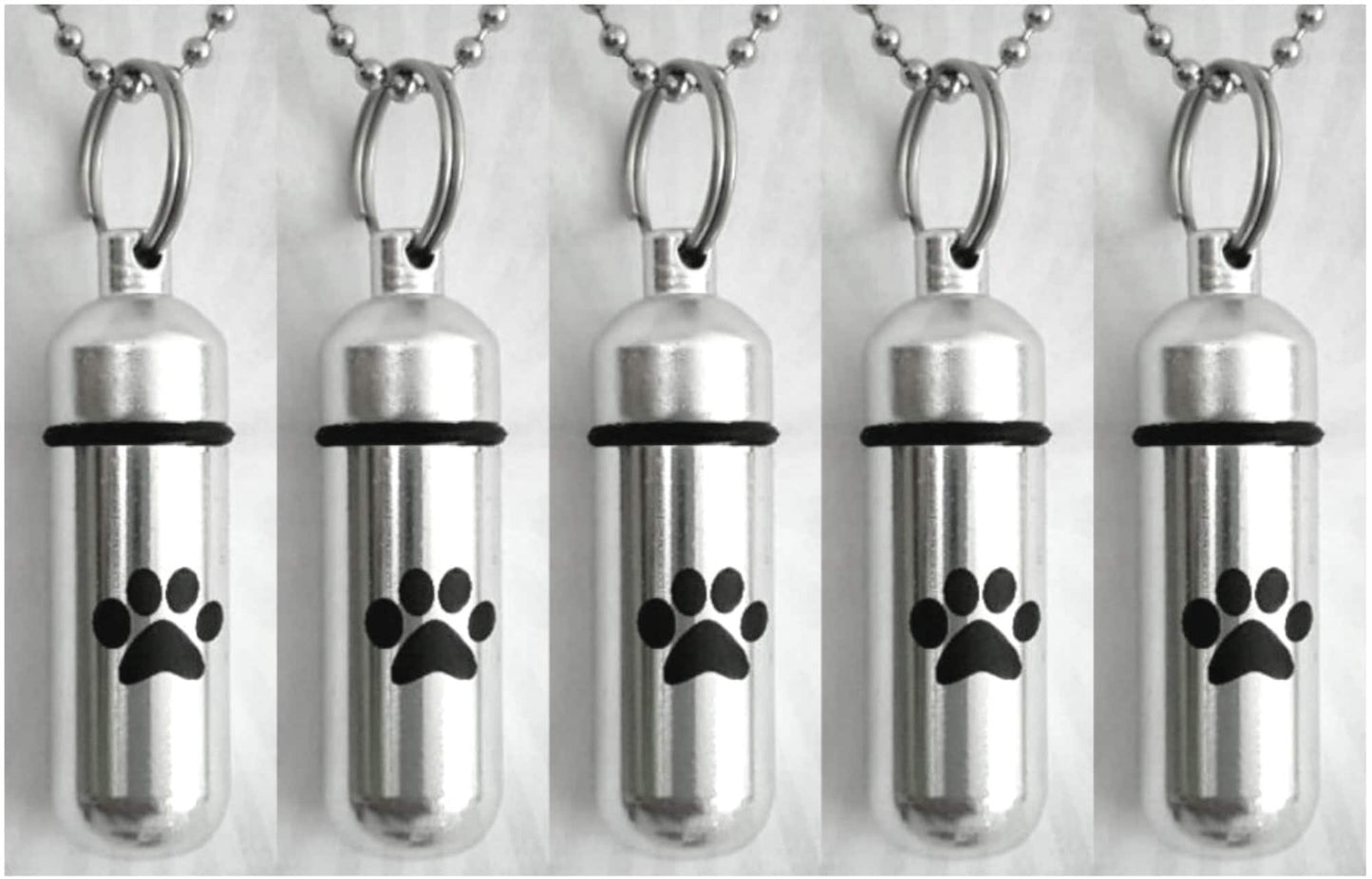 Set of FIVE Polished Silver Cremation Urn Necklace Keepsakes with Simple Engraved Paws - Memorial Jewelry, Ashes Jewelry, Pet Urn, Dog Urn