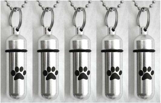 Set of FIVE Polished Silver Cremation Urn Necklace Keepsakes with Simple Engraved Paws - Memorial Jewelry, Ashes Jewelry, Pet Urn, Dog Urn