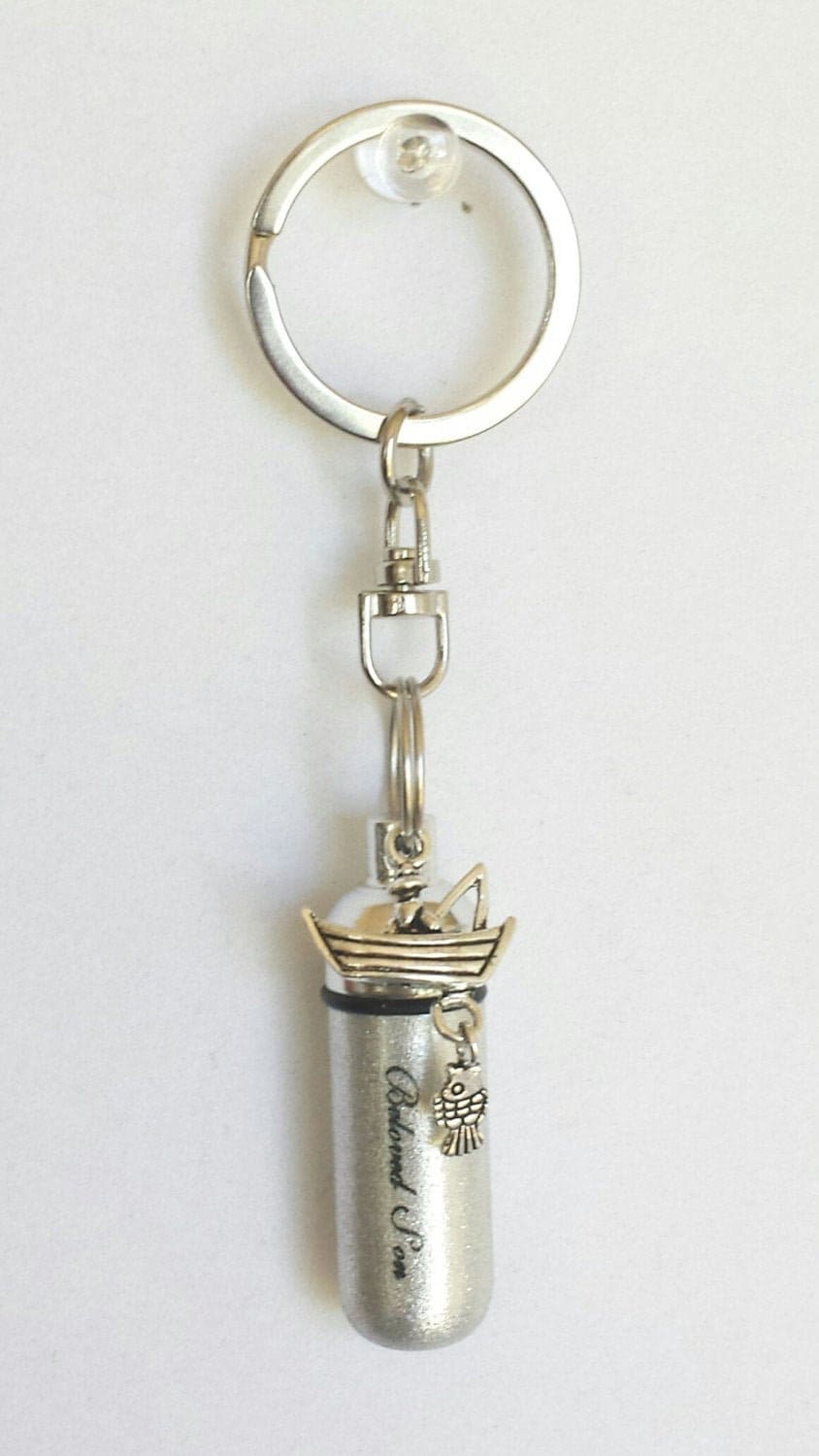 Engraved "Beloved Son" with Fishing Boat - Cremation Urn Swivel Keychain - Hand Assembled.... with Velvet Pouch and Fill Kit