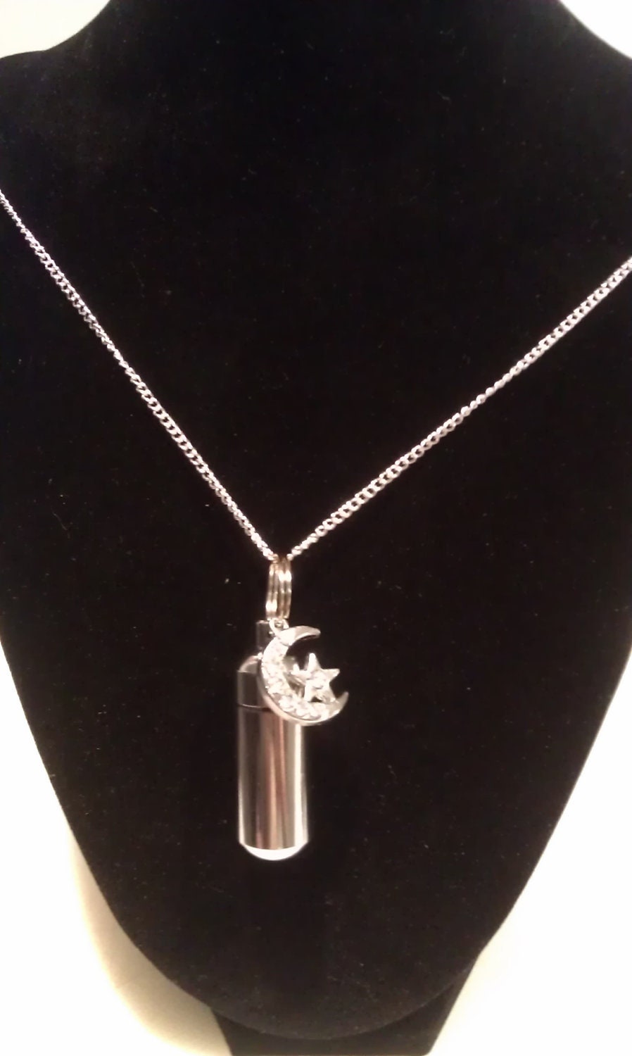 Silver Cremation Urn Necklace on 24" Curb Chain with Bejeweled Moon & Star - Memorial Keepsake, Child Urn, Baby Urn, Personalized Urn