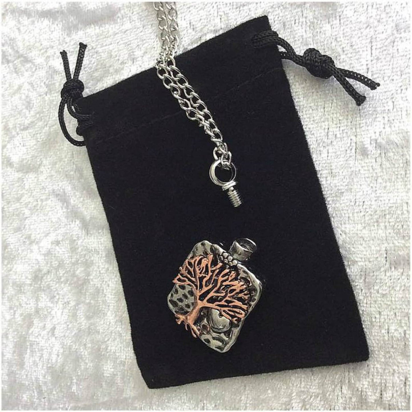 TWO Beautiful Stainless Steel "Handcrafted Tree Of Life" Cremation Urn on 24" Curb Chain Necklaces - with Velvet Pouches and FIll Kit