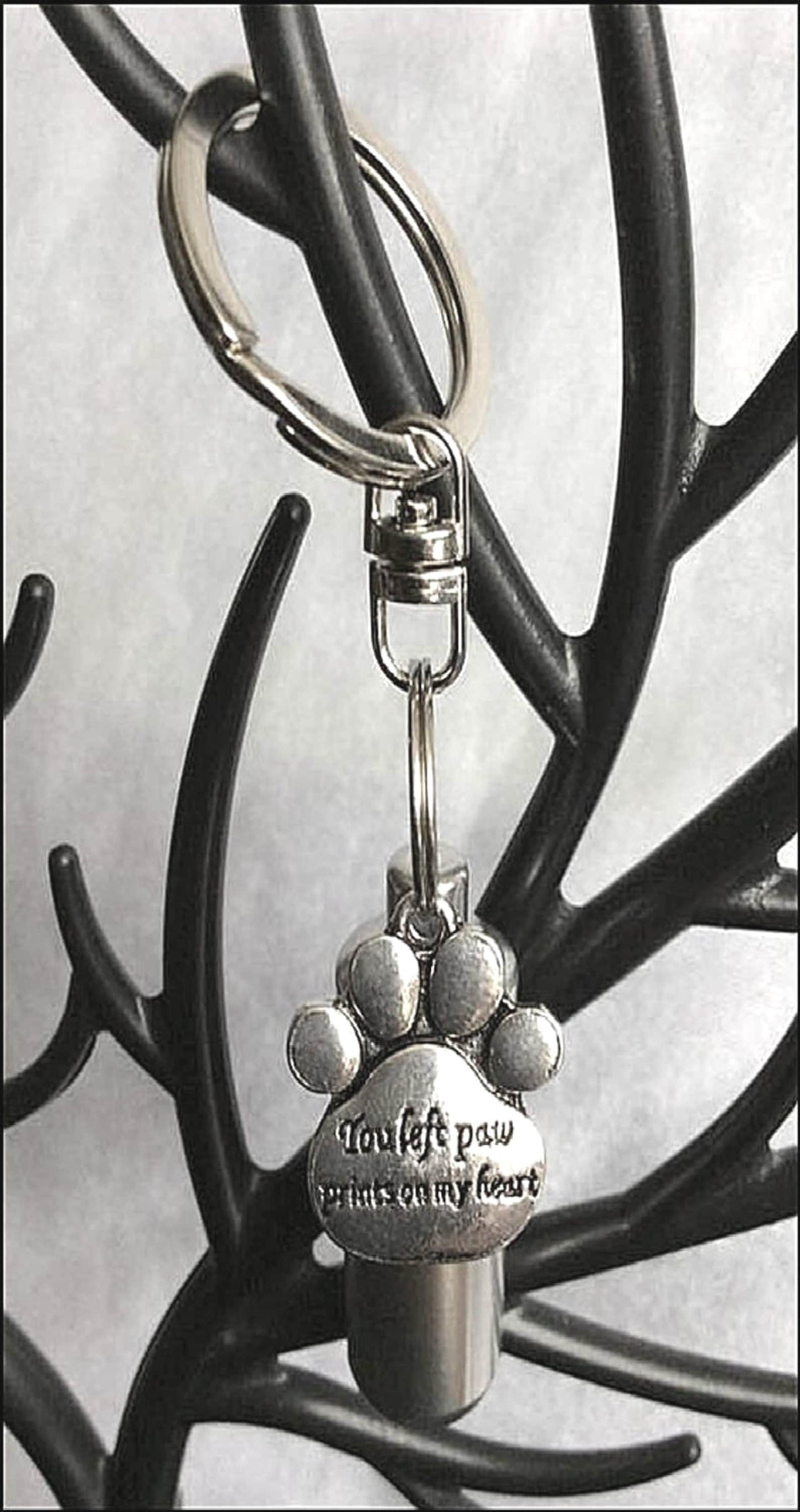 CREMATION URN Keepsake "You left paw prints on my heart" on Stainless Steel Swivel Keyring - Dog Urn, Puppy Urn, Memorial Urn, Ashes Urn