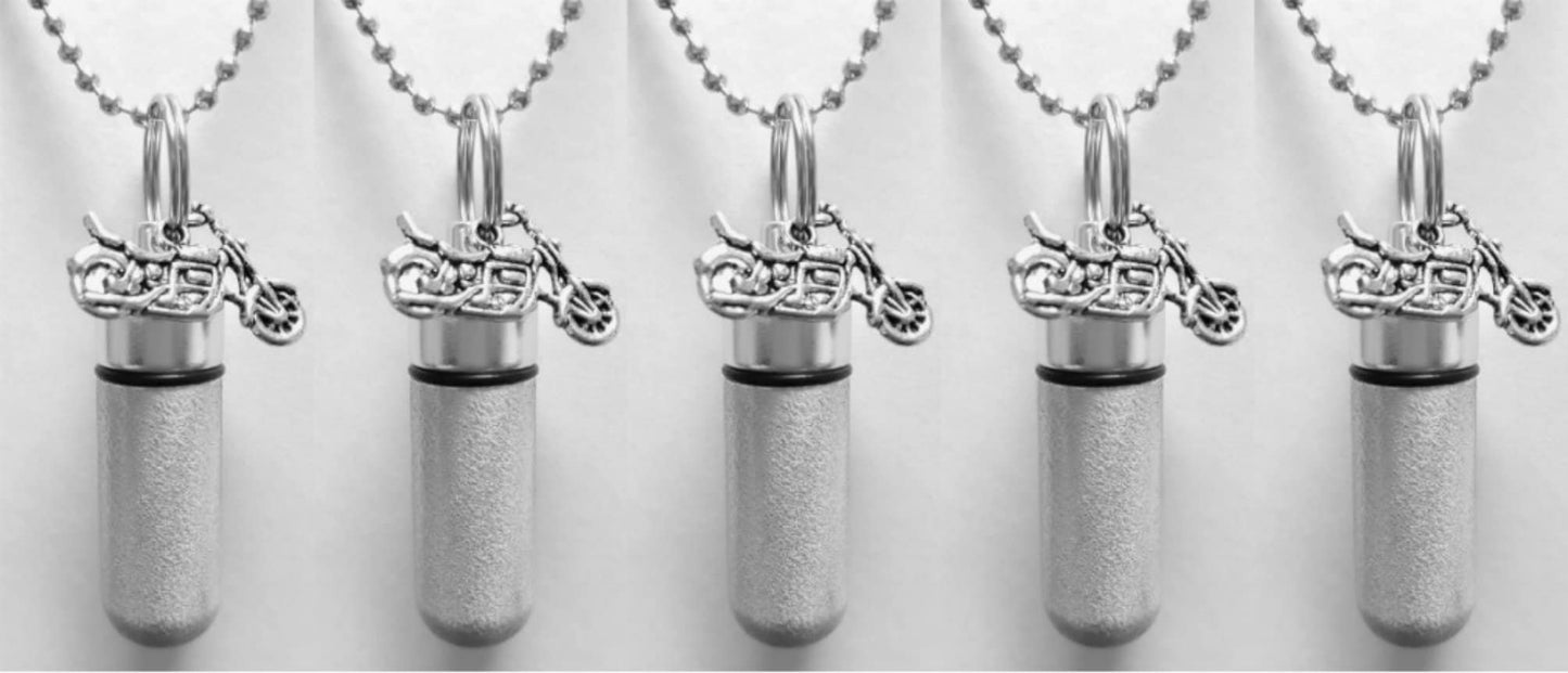 Set of FIVE Brushed Silver Motorcycle ANOINTING OIL Vial/Canisters with 5 Velvet Pouches, 5 Steel Ball-Chain Necklaces & 5 Pipettes