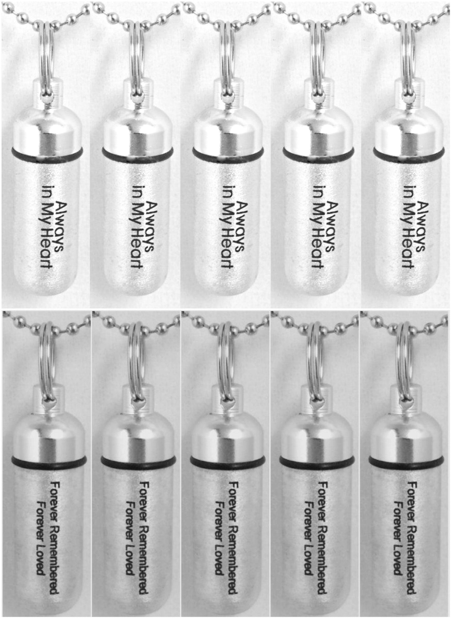 Set of 10 ENGRAVED Brushed Silver Cremation Urn Necklaces - FIVE "Forever Remembered, Forever Loved" & FIVE "Always In My Heart" w/Pouches