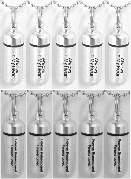 Set of 10 ENGRAVED Brushed Silver Cremation Urn Necklaces - FIVE "Forever Remembered, Forever Loved" & FIVE "Always In My Heart" w/Pouches