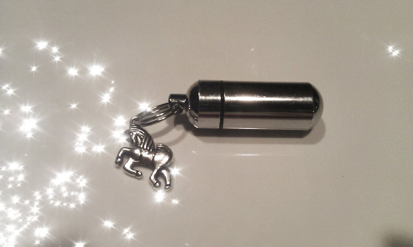 CREMATION URN Keepsake Locket/Vial with Silver UNICORN - Hand Assembled.... with Velvet Pouch and Fill Kit