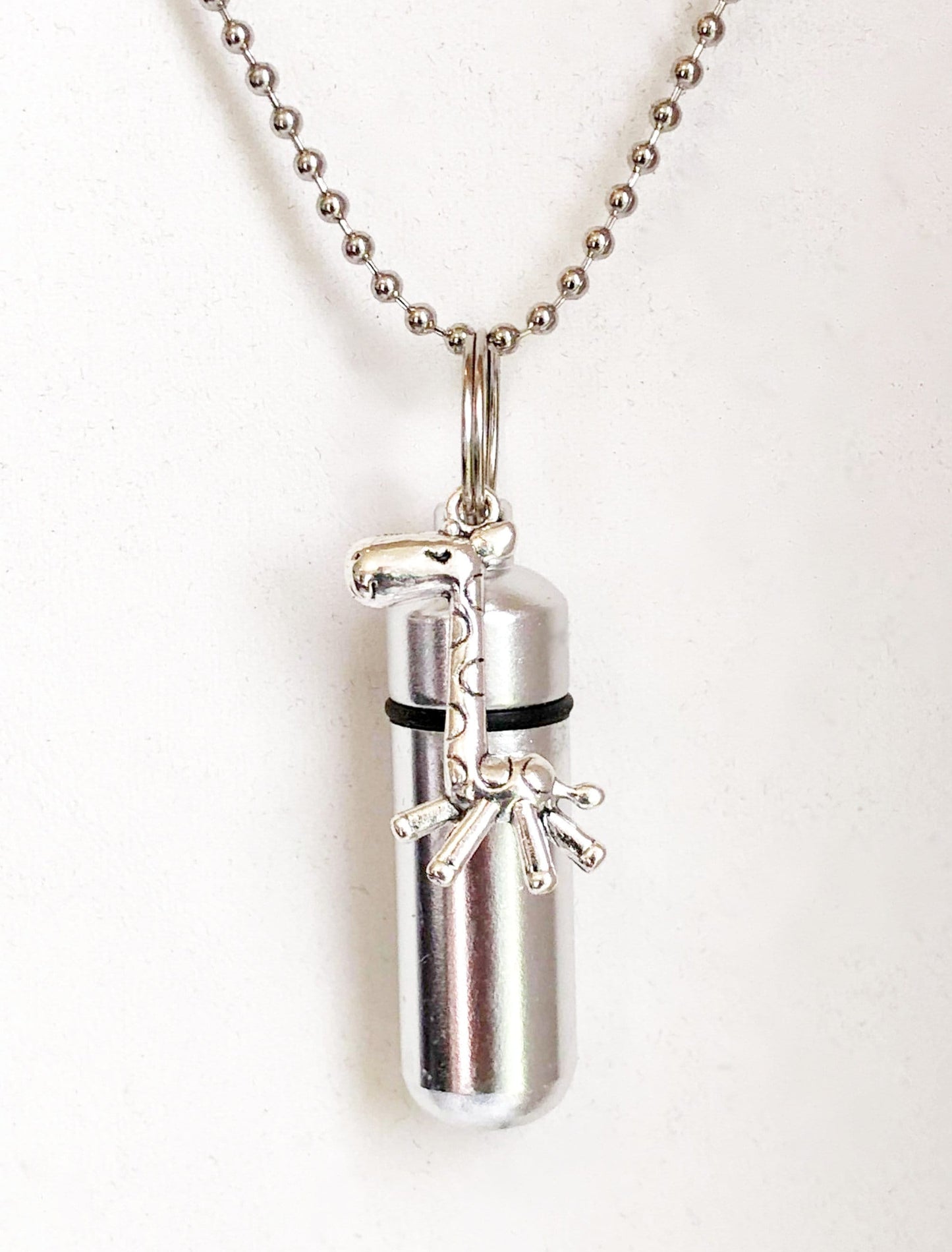 TWO Silver Giraffe Cremation Urns & holders on 24" Steel Ball Chain Necklaces - Mourning Jewelry, Ashes Necklace, Urn Keepsake, Child Urn
