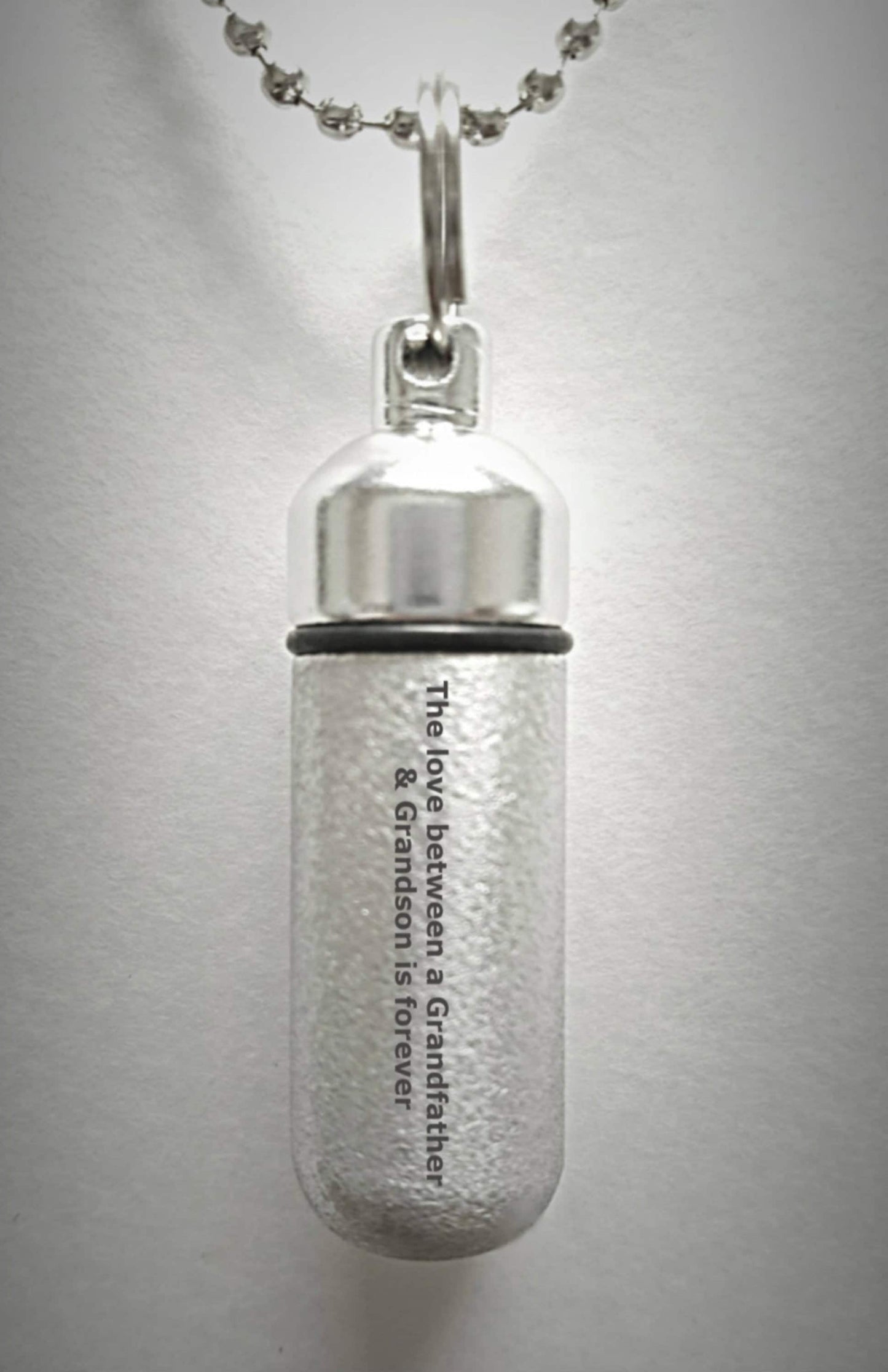 Engraved "The love between a Grandfather & Grandson is forever" Brushed Silver CREMATION URN Necklace with Velvet Pouch and Fill Kit