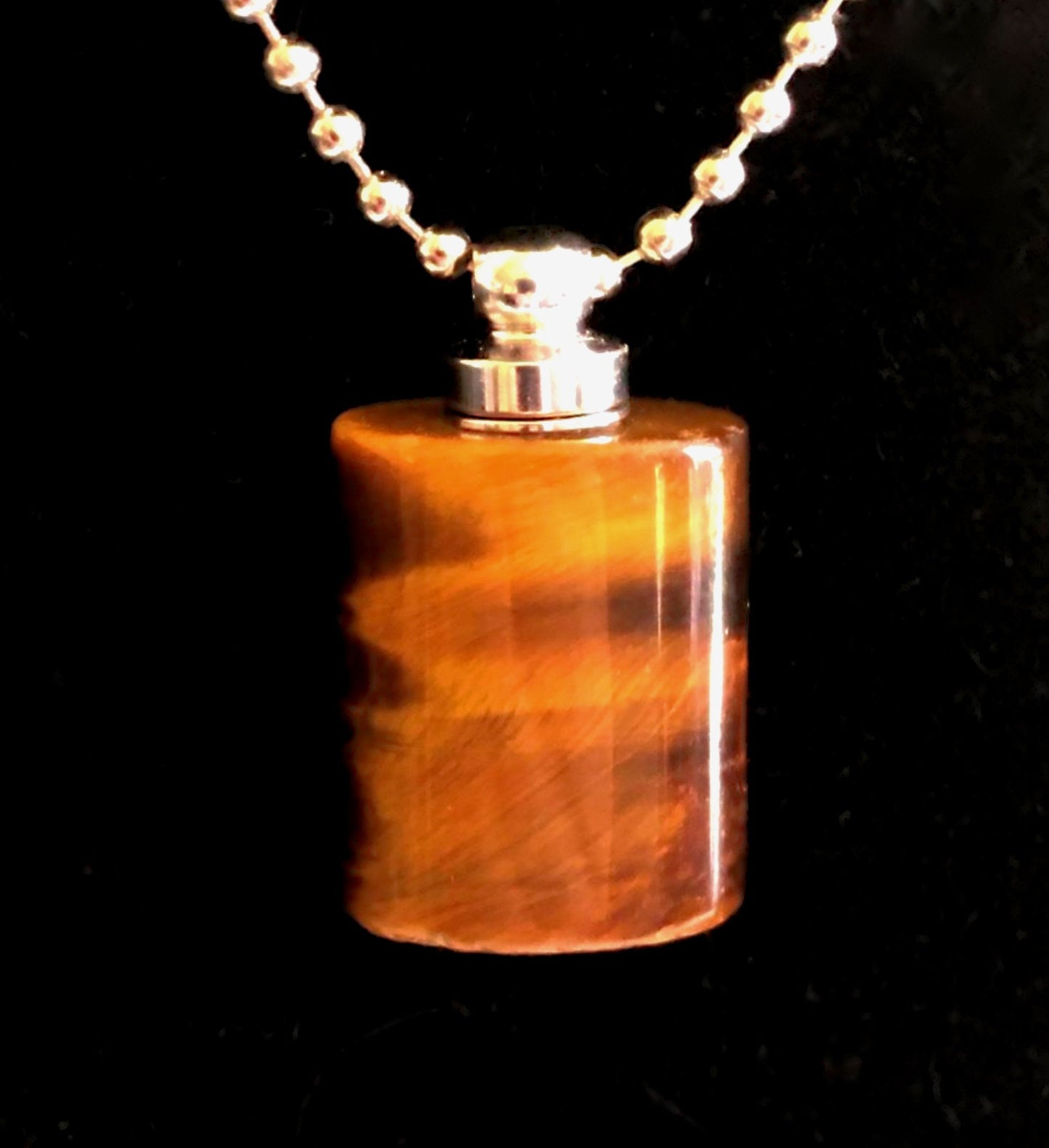 NEW Beautiful Natural Tiger Eye Gemstone CREMATION URN with 24" Stainless Steel Ball Chain Necklace - Includes Velvet Pouch & Fill Kit