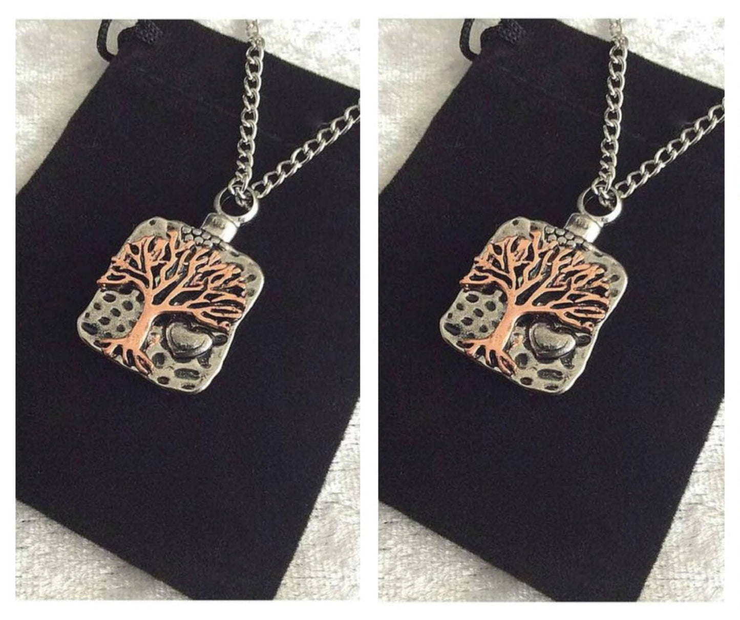 TWO Beautiful Stainless Steel "Handcrafted Tree Of Life" Cremation Urn on 24" Curb Chain Necklaces - with Velvet Pouches and FIll Kit