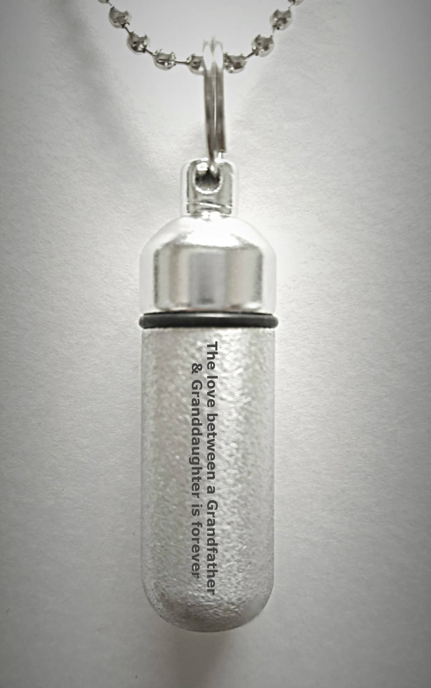 Engraved "The love between a Grandfather & Granddaughter is forever" Brushed Silver CREMATION URN Necklace with Velvet Pouch and Fill Kit