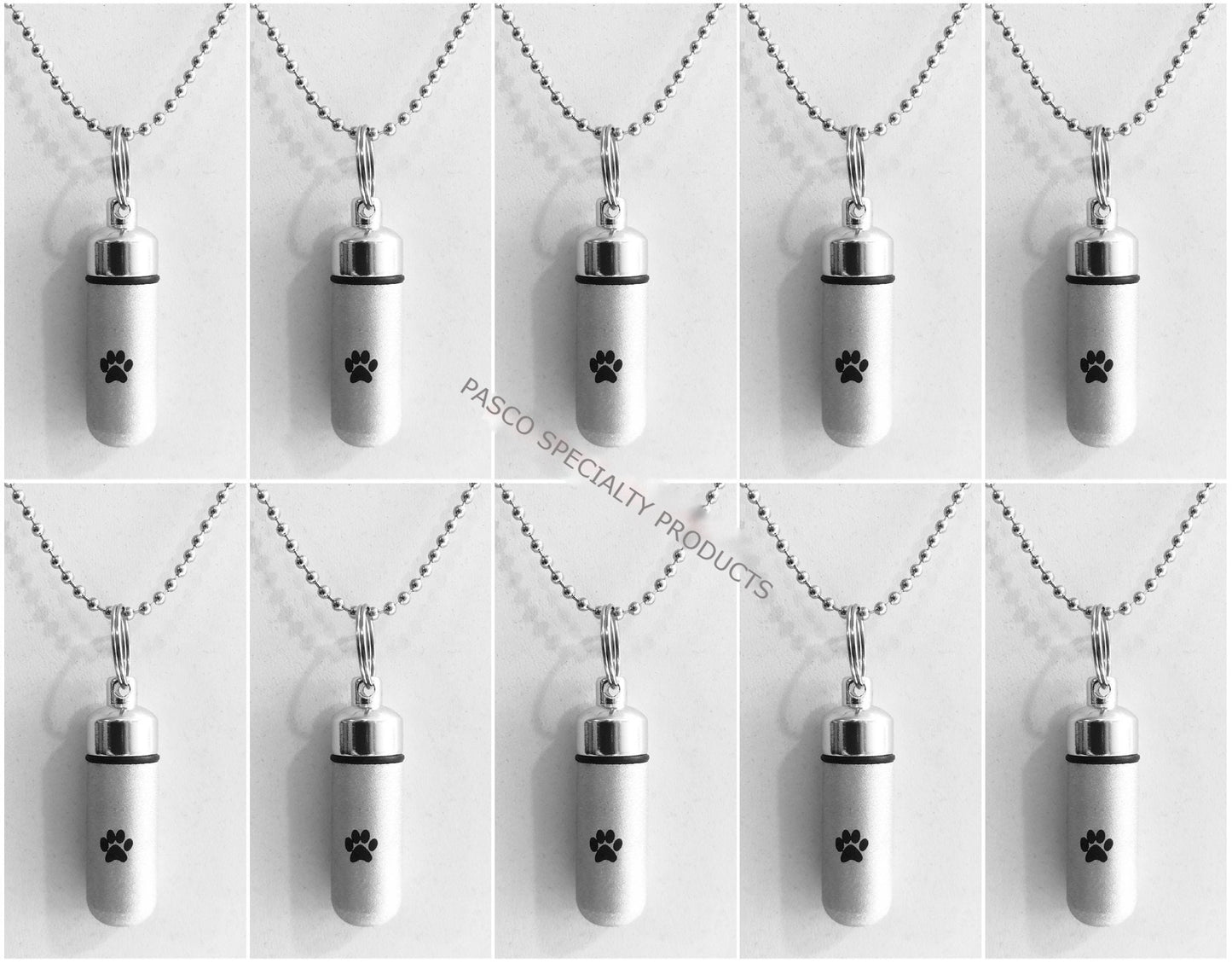 Pet Set of TEN Brushed Silver CREMATION URN Necklaces w/Simple Engraved Paws - Ashes Necklace, Memorial Jewelry, Mourning Jewelry, Pet Ashes