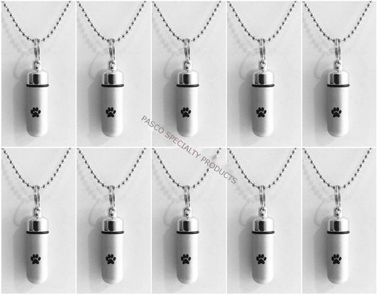 Pet Set of TEN Brushed Silver CREMATION URN Necklaces w/Simple Engraved Paws - Ashes Necklace, Memorial Jewelry, Mourning Jewelry, Pet Ashes