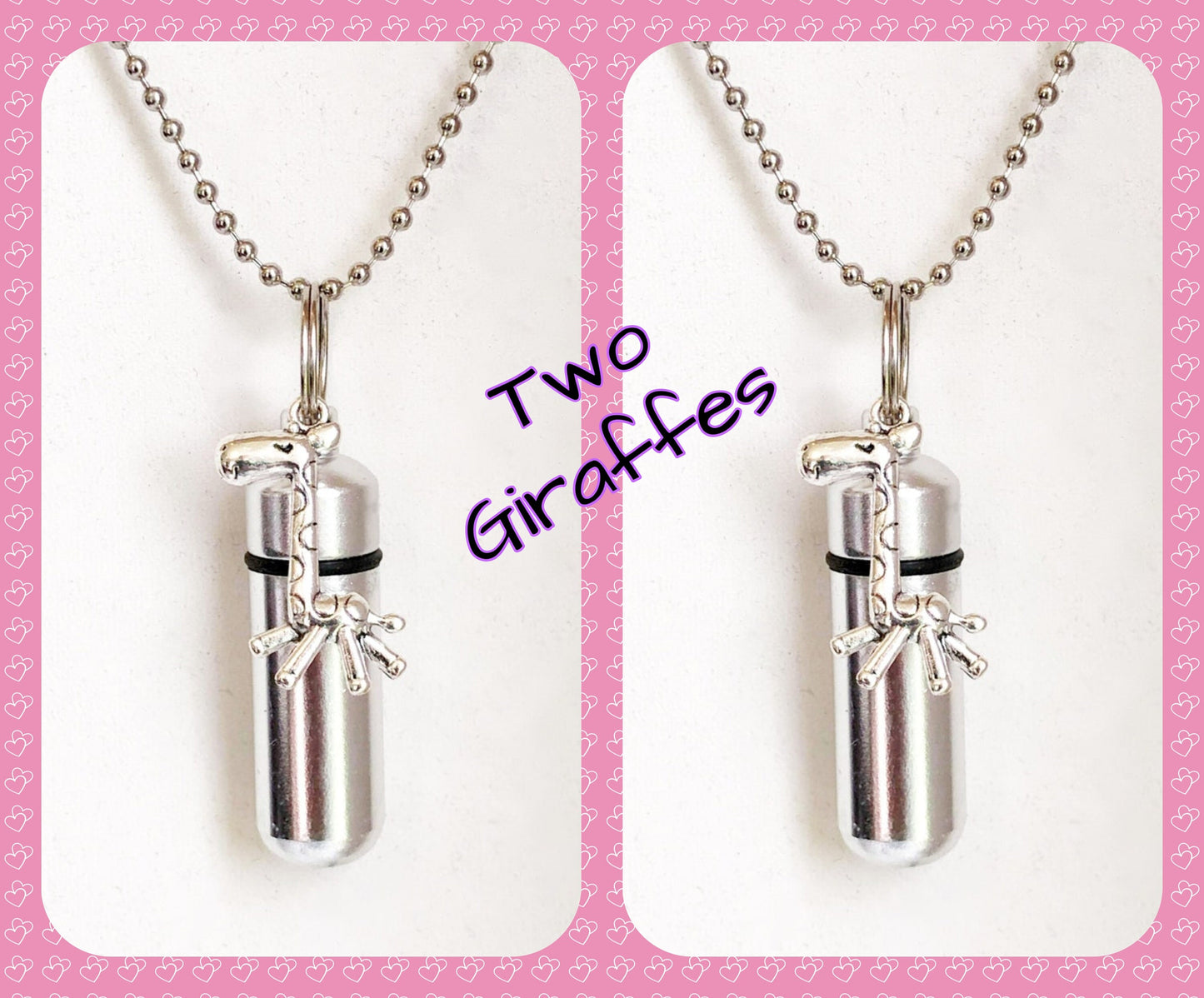 TWO Silver Giraffe Cremation Urns & holders on 24" Steel Ball Chain Necklaces - Mourning Jewelry, Ashes Necklace, Urn Keepsake, Child Urn