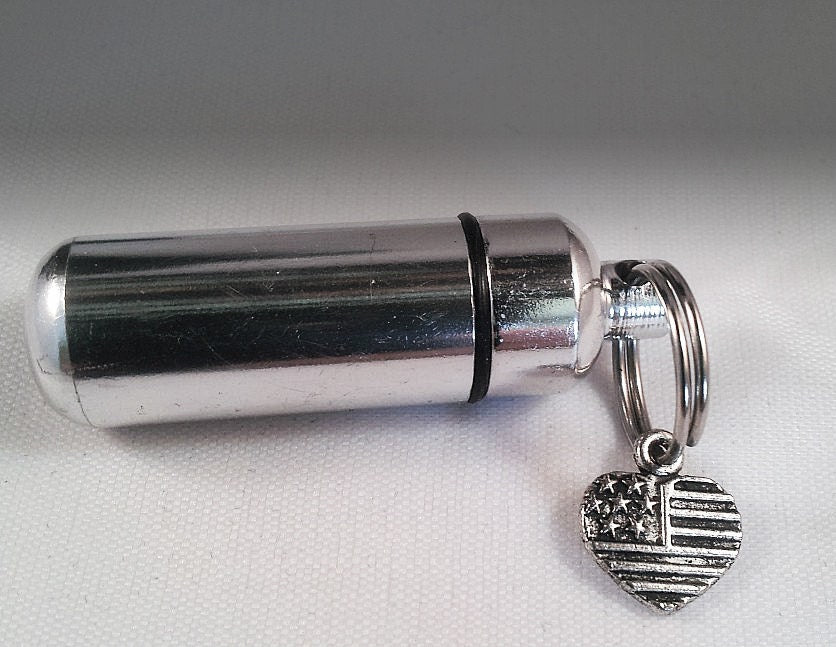 Silver Cremation Urn / holder with Heart Shaped Flag - Keychain Keepsake - includes Velvet Pouch & Fill Kit