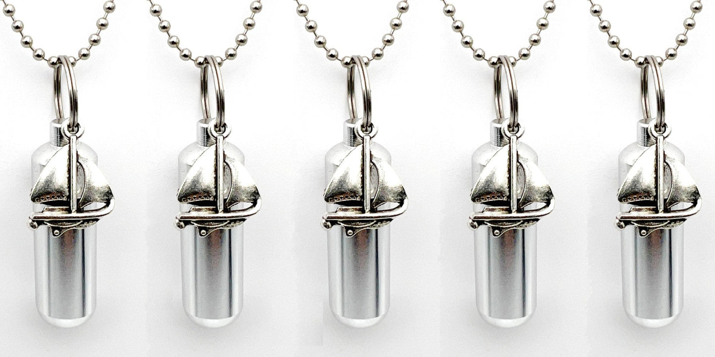 Set of FIVE - Silver Sailboat Cremation Urn Keepsakes on 24" Steel Ball Chain Necklaces - Ashes Jewelry, Urn Necklace, Mourning Keepsake
