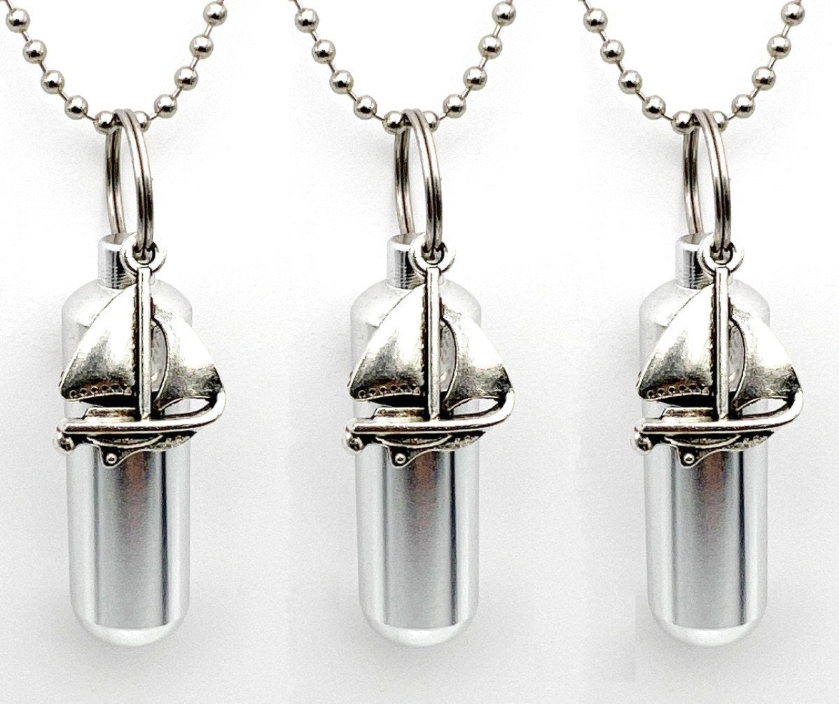 Set of THREE Silver Sailboat Cremation Urns on 24" Ball Chain Necklaces - Urn Jewelry, Ashes Necklace, Mourning Keepsake, Personalized Urn