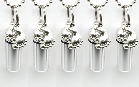 Set of FIVE Cremation Urn Necklaces with Silver Baby Feet - Mourning Jewelry, Child Loss, Baby Loss. Urn For Ashes, Urn Keepsake, Memorial