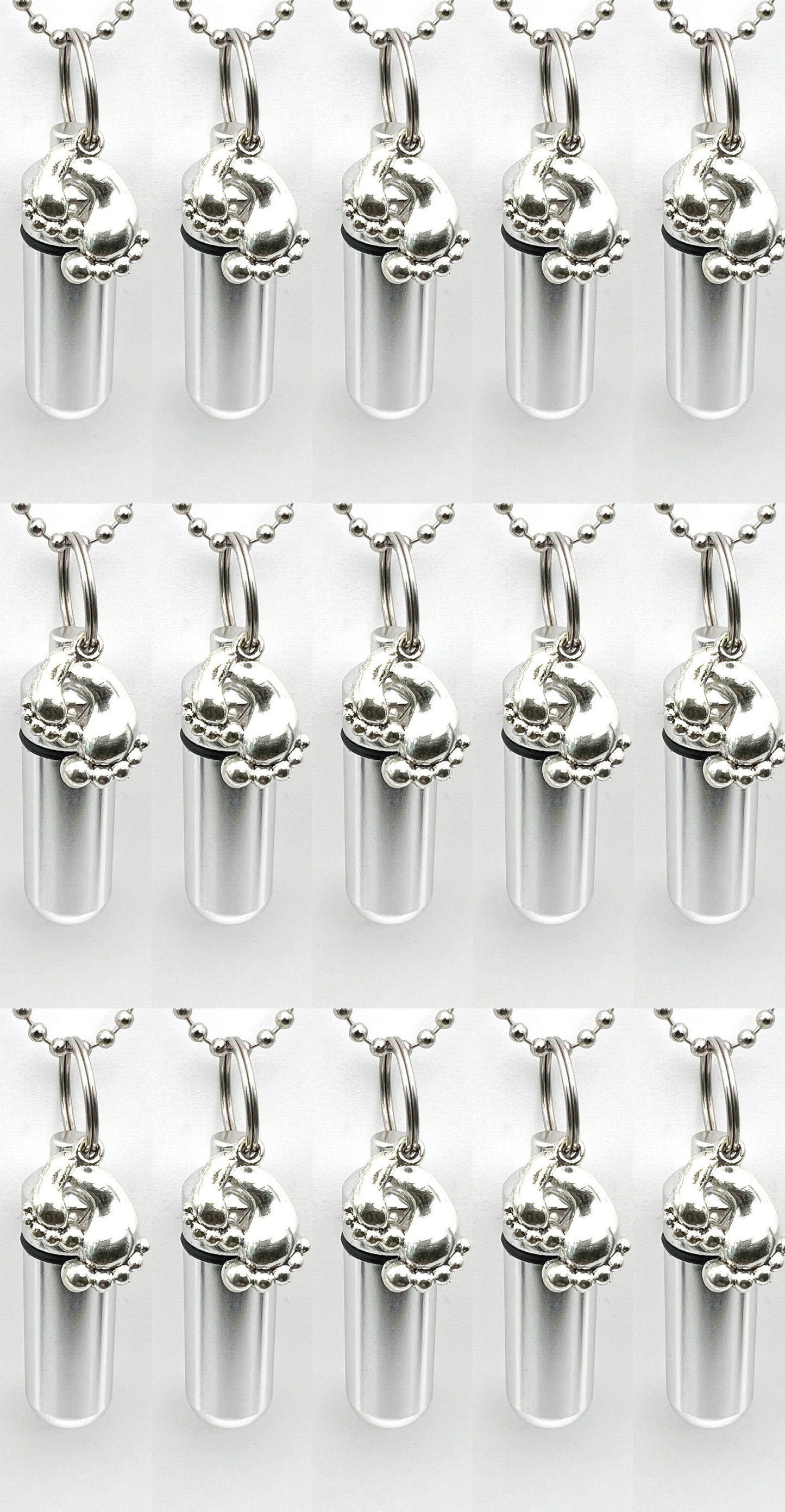 Lovely Set Of 15 - Silver Baby Feet Cremation Urns on 24" Steel Ball Chain Necklaces, Memorial Jewelry, Ashes Jewelry, Personalized Urns
