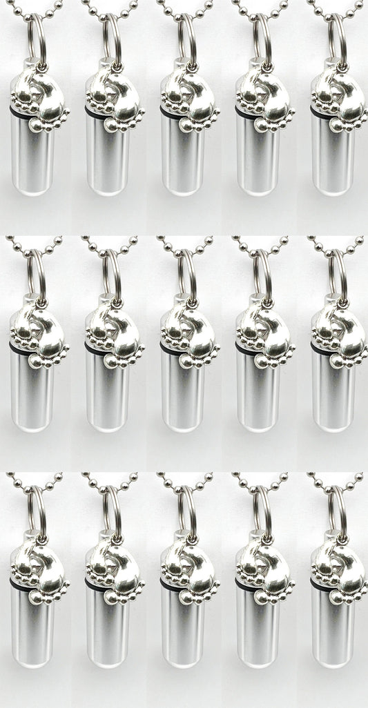 Lovely Set Of 15 - Silver Baby Feet Cremation Urns on 24" Steel Ball Chain Necklaces, Memorial Jewelry, Ashes Jewelry, Personalized Urns