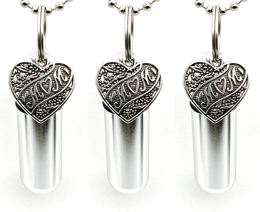 Set of Three MOM LOVE HEART Cremation Urns on 24" Steel Ball Chain Necklaces - Urn Keepsake, Ashes Necklace, Mom Urn, Personalized Urn