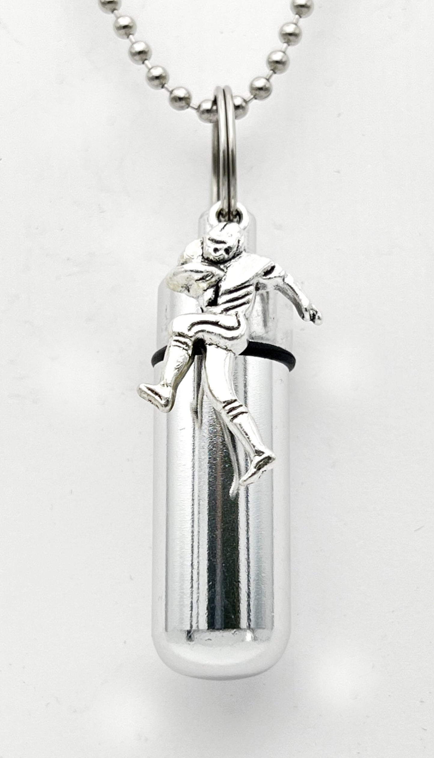 Set of TWO Football Player CREMATION URNS on 24" Steel Ball-Chain Necklaces with Two Black Velvet Pouches and Fill Kit