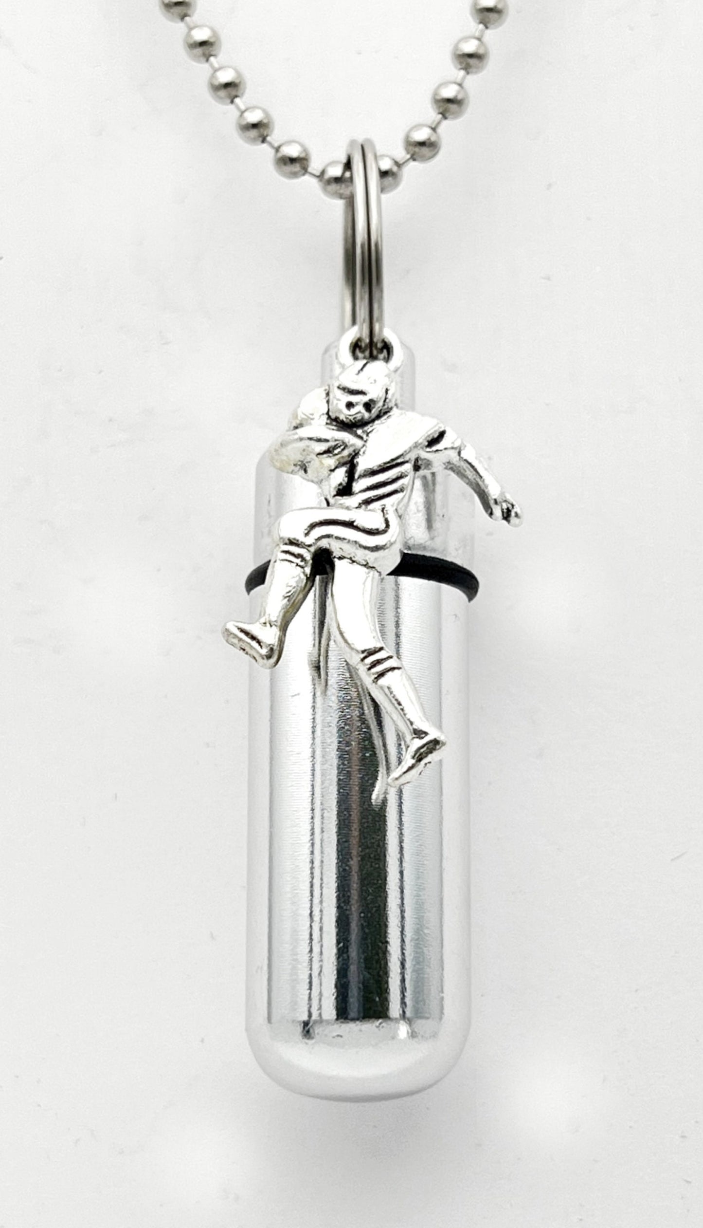 Football Player CREMATION URN  on 24" Steel Ball-Chain Necklace with Black Velvet Pouch and Fill Kit