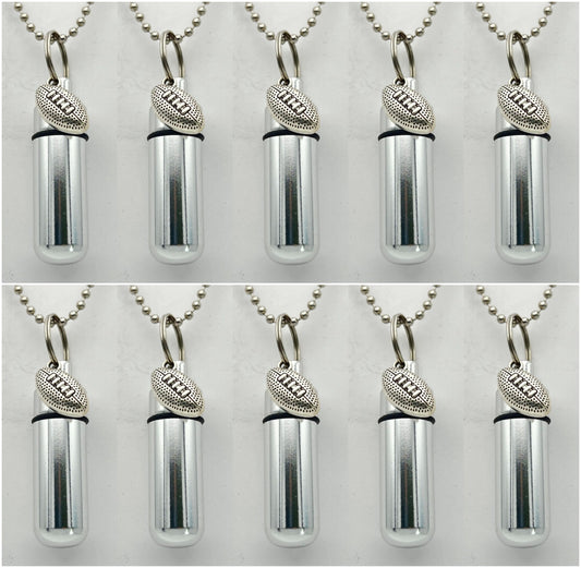 Set of TEN Football CREMATION URNS on 24" Steel Ball-Chain Necklaces Memorial Jewelry, Urn Pendant, Urn For Human Ashes, Personalized Urn