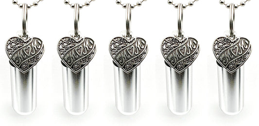 Set of Five MOM HEART Cremation Urns on 24" Steel Ball Chain Necklaces - Mourning Jewelry, Urn Necklace, Ashes Keepsake, Personalized Urn