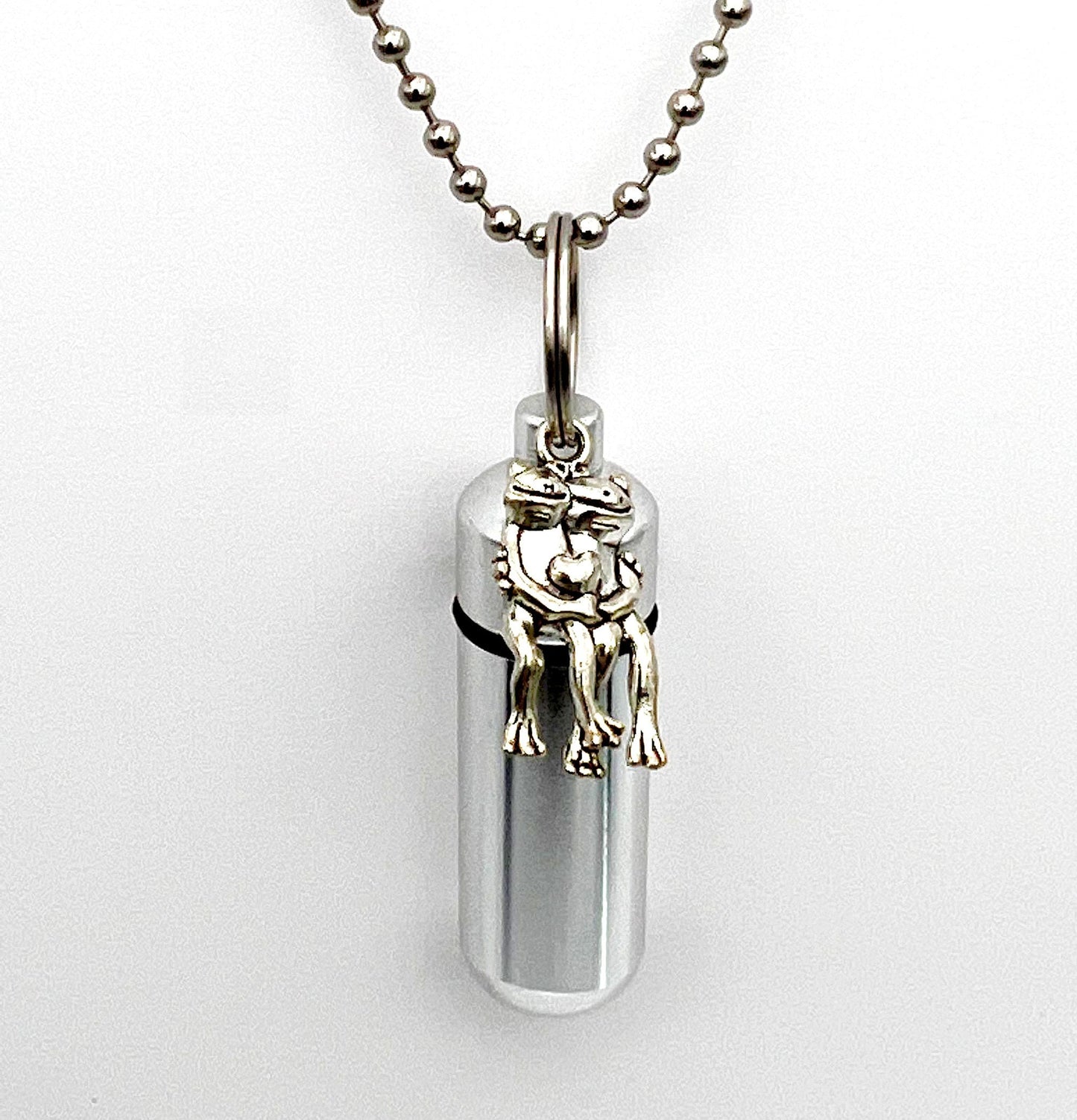 Set of 5 Happy Frogs w/Heart Cremation Urns on 24" Ball Chain Necklaces - Mourning Jewelry, Urn Keepsake, Ashes Necklace, Personalized Urn