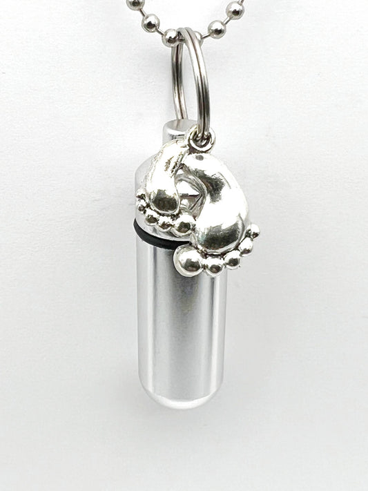 Lovely Cremation Urn Necklace with Silver Baby Feet - Includes Black Velvet Pouch,  24" Ball-Chain & Fill Kit