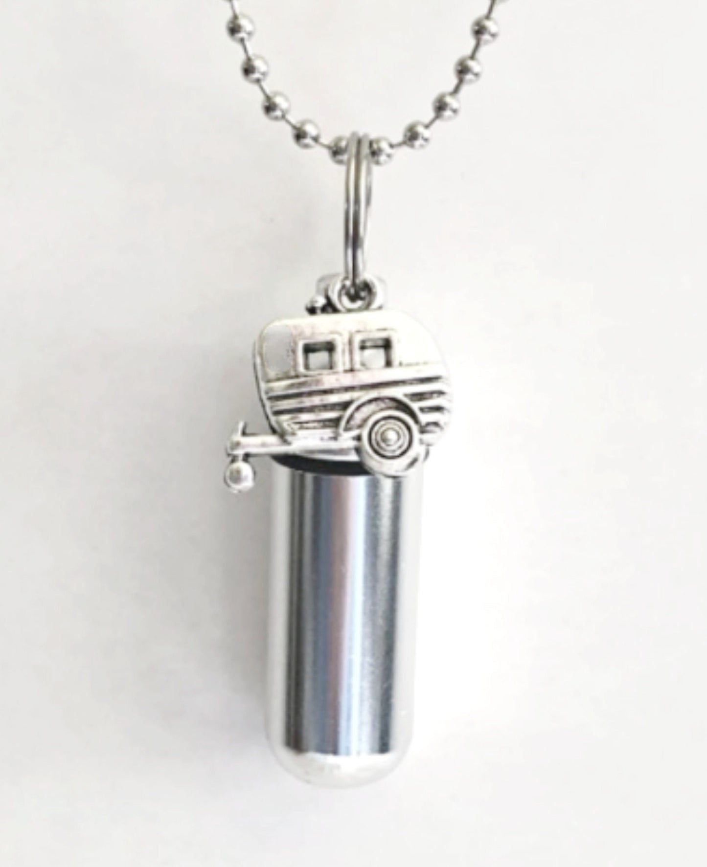 Adorable Silver Camper/RV/Trailer Cremation Urn Necklace with 24" Ball-Chain, Velvet Pouch & Fill Kit - Memorial Keepsake, Ashes Jewelry