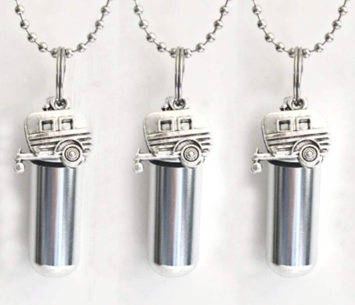 Set of Three Silver Camper/RV/Trailer CREMATION URN Necklaces - Mourning Keepsake, Memorial Jewelry, Ashes Necklace, Personalized Urn