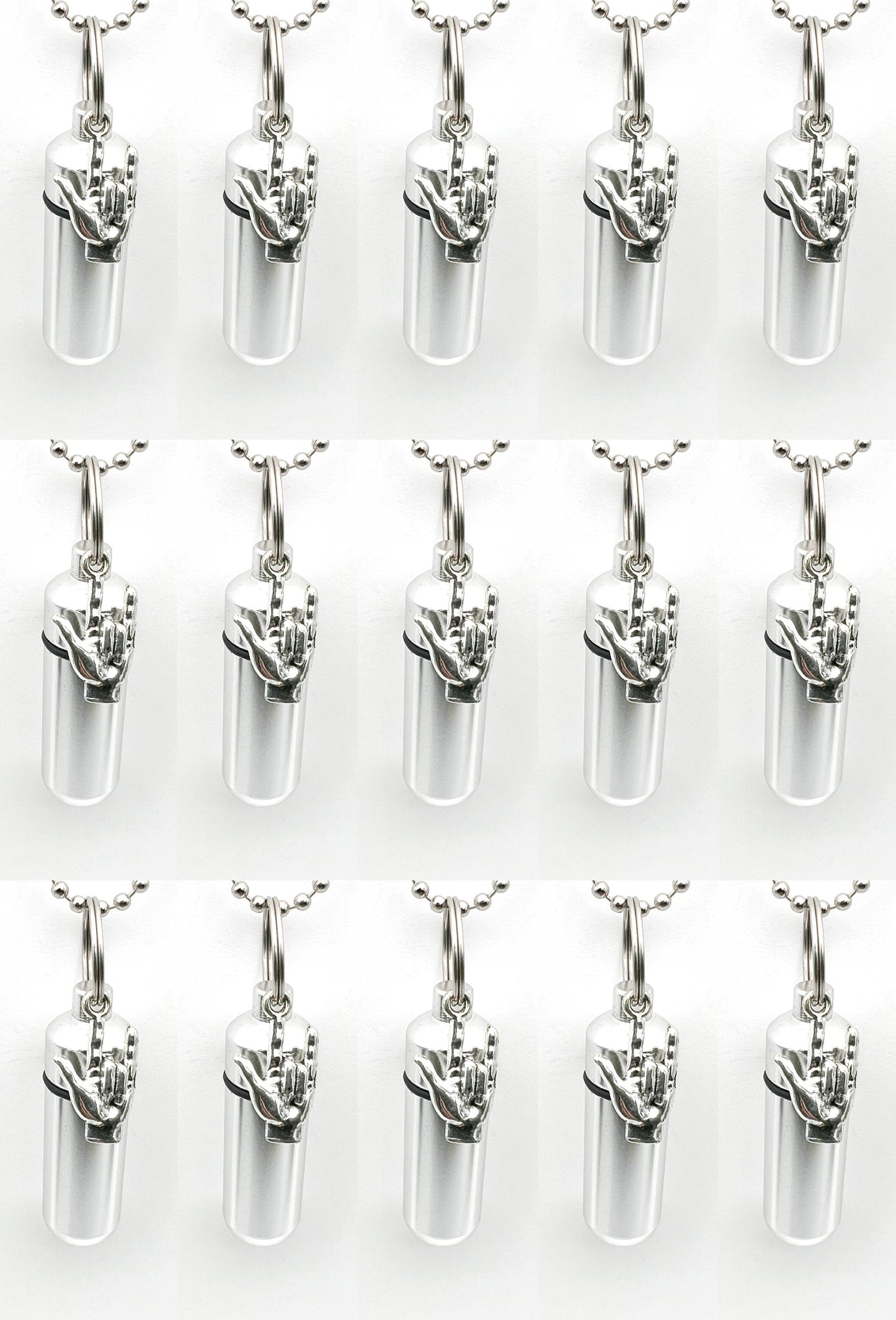 Set Of 15 I LOVE YOU (Sign Language) Cremation Urns on 24" Ball-Chain Necklaces, Memorial Urn Jewelry, For Human/Pet Ashes, Personalized