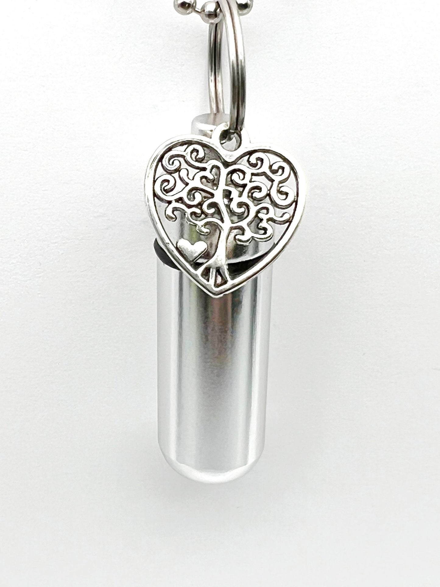 Filigree Silver Heart with Tree-Of-Life CREMATION URN - Includes 24" Ball Chain Necklace, Black Velvet Pouch and Fill Kit