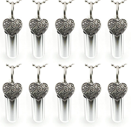 Set of TEN Mom Love Heart Cremation Necklaces on 24" Ball Chains, Memorial Jewelry, Cremation Jewelry, Personalized Urn, Mourning Jewelry