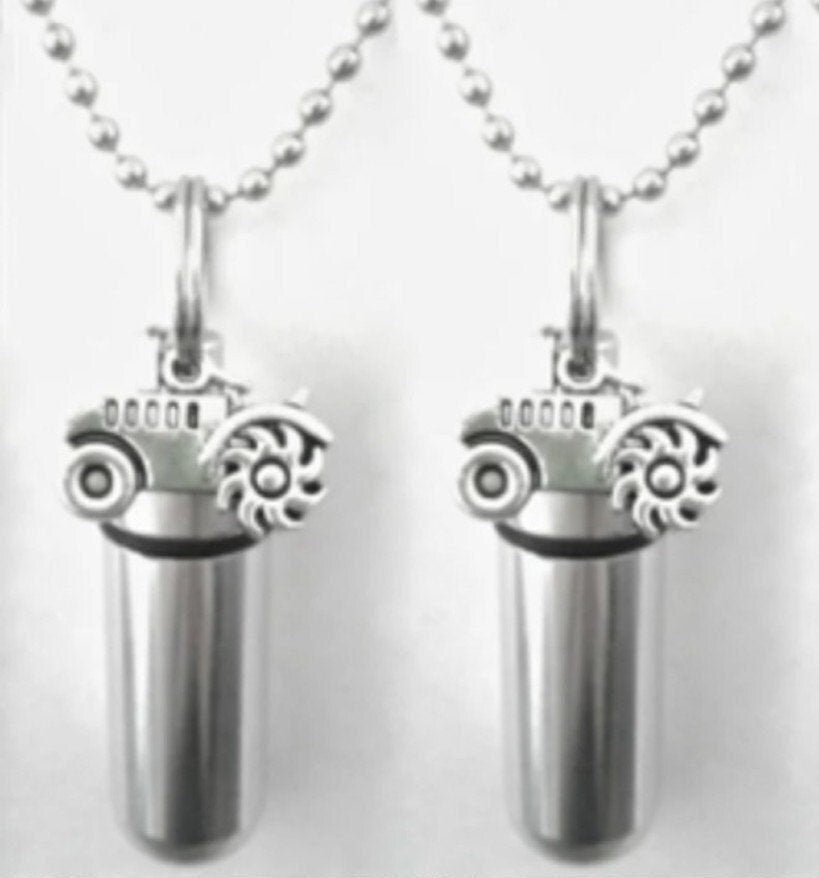 Set of TWO Cremation Urn Necklaces with Farm Tractor - Includes TWO Velvet Pouches, TWO 24" Ball-Chains & Fill Kit