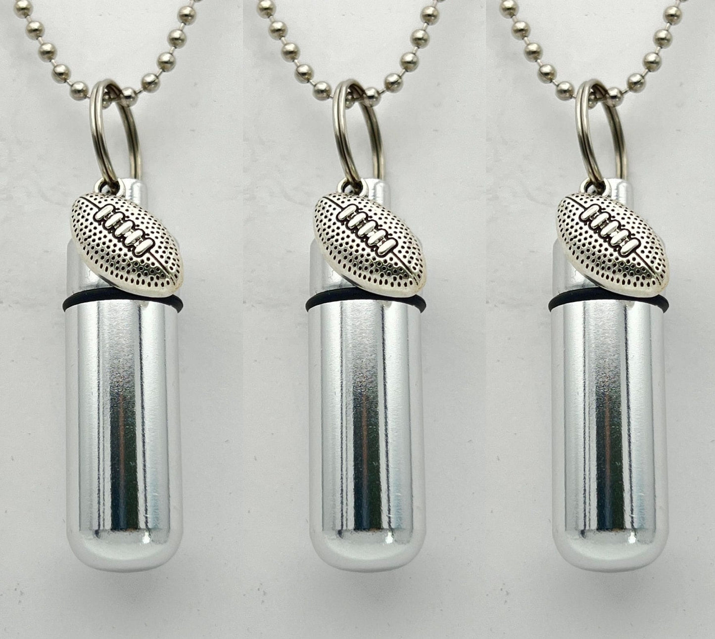 Set of Three FOOTBALL CREMATION URNS  on 24" Steel Ball-Chain Necklaces - Memorial Jewelry, Mourning Keepsake, Ashes Urn, Personalized Urn