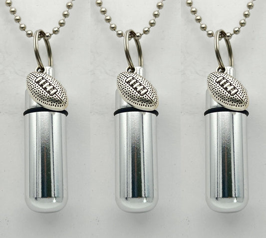 Set of Three FOOTBALL CREMATION URNS  on 24" Steel Ball-Chain Necklaces - Memorial Jewelry, Mourning Keepsake, Ashes Urn, Personalized Urn