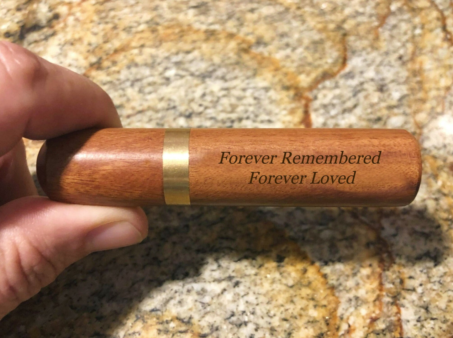 FIVE ENGRAVED "Forever Remembered Forever Loved" Rosewood Cremation Urn / Scattering Tubes, Fits in Pocket/Purse, TSA Compliant, Very Secure