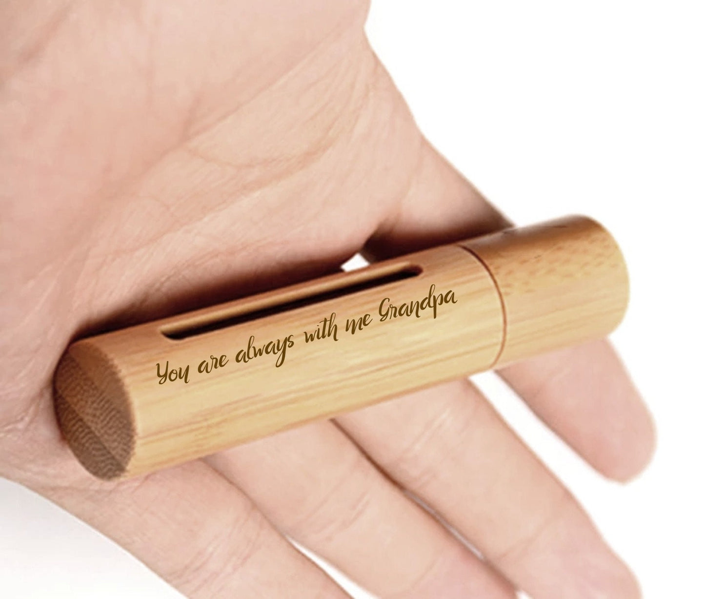 New ENGRAVED "You are always with me Grandpa" Sandalwood Cremation Urn / Scattering Tube with Window - Fits Pocket or Purse, TSA Compliant