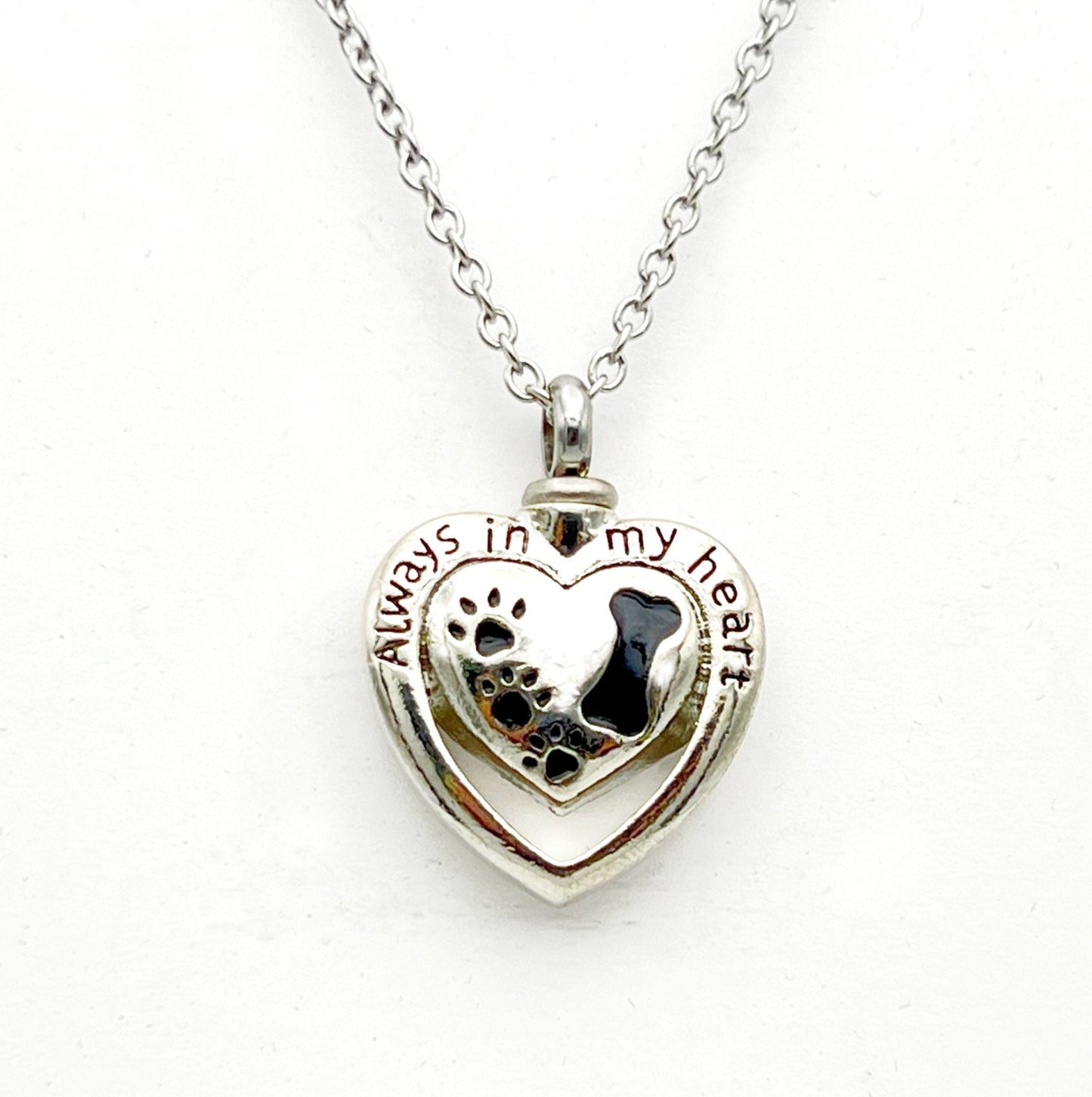 Steel "Always In My Heart" with Paw & Bone - Pet Cremation Urn on 20" Curb Chain Necklace - with Velvet Pouch and Fill Kit, Pet loss