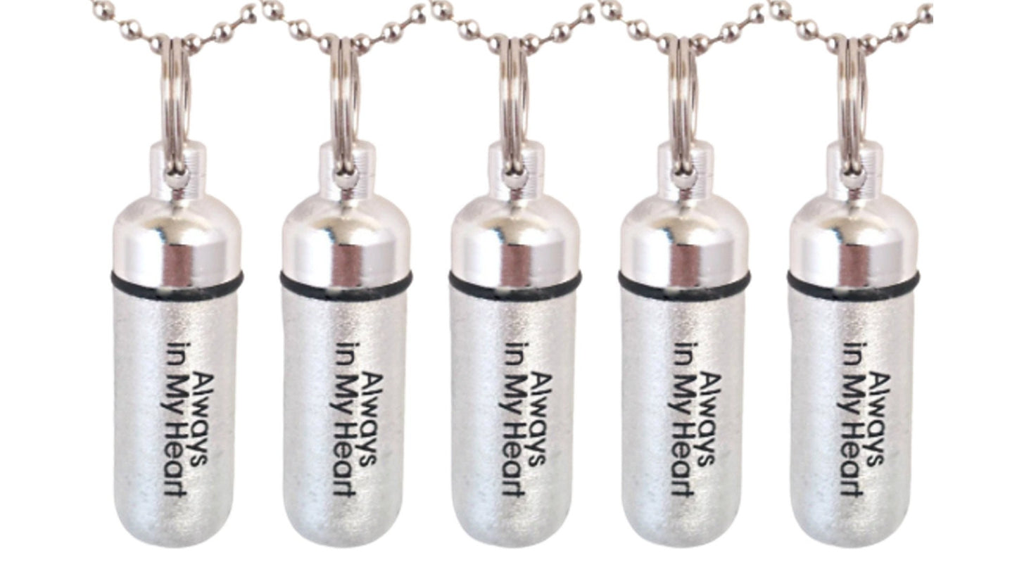 Set of 5 ENGRAVED Brushed Silver CREMATION URN Necklaces "Always In My Heart" - Urn Keepsake, Ashes Necklace, Memorial Jewelry, Pet Urn