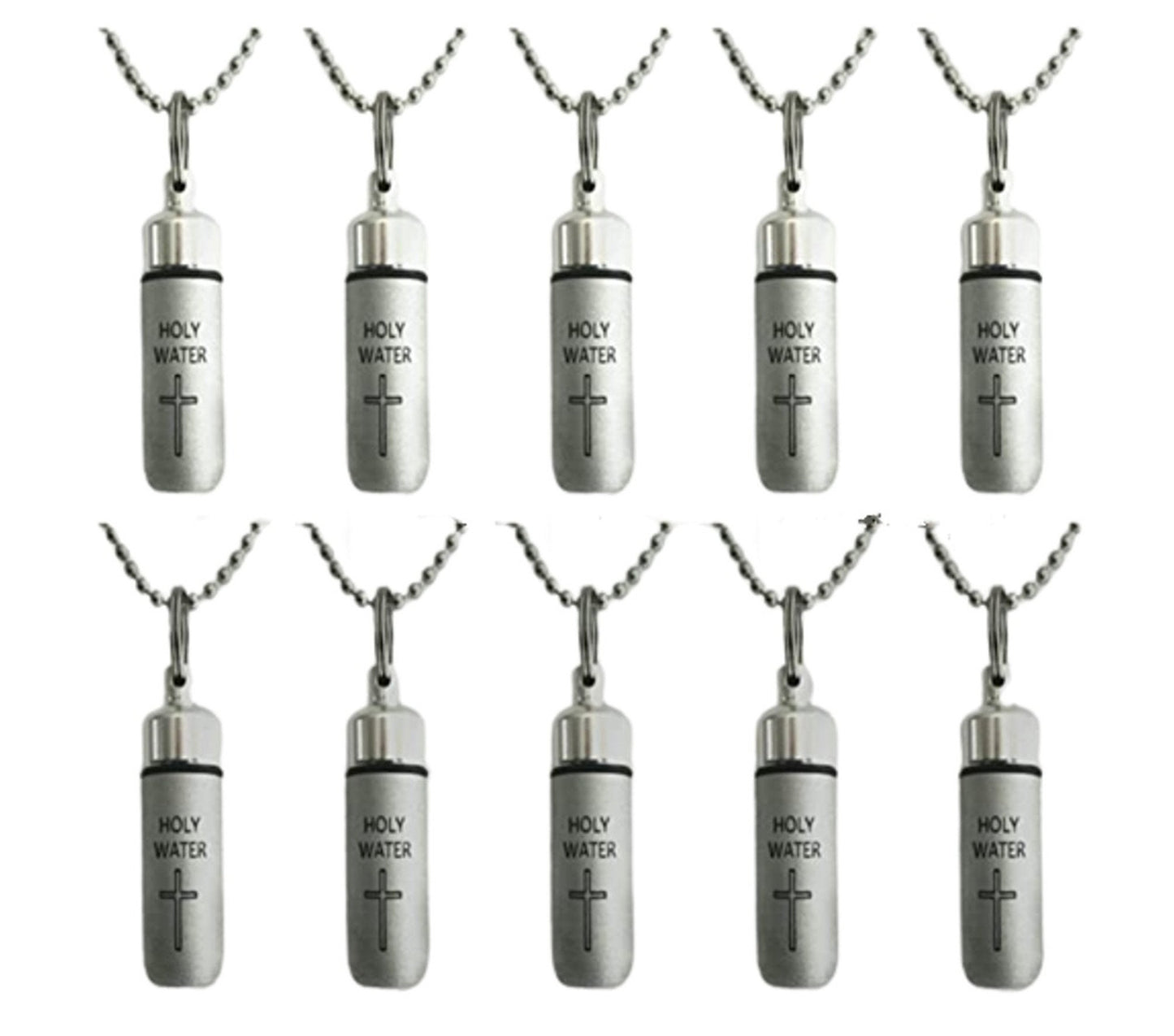 Set Of 10 Brushed Silver ENGRAVED HOLY WATER Bottle/Holder/Urn Necklaces/Keychain, With 10 Pouches, 10 Ball Chains, & Fill Kit