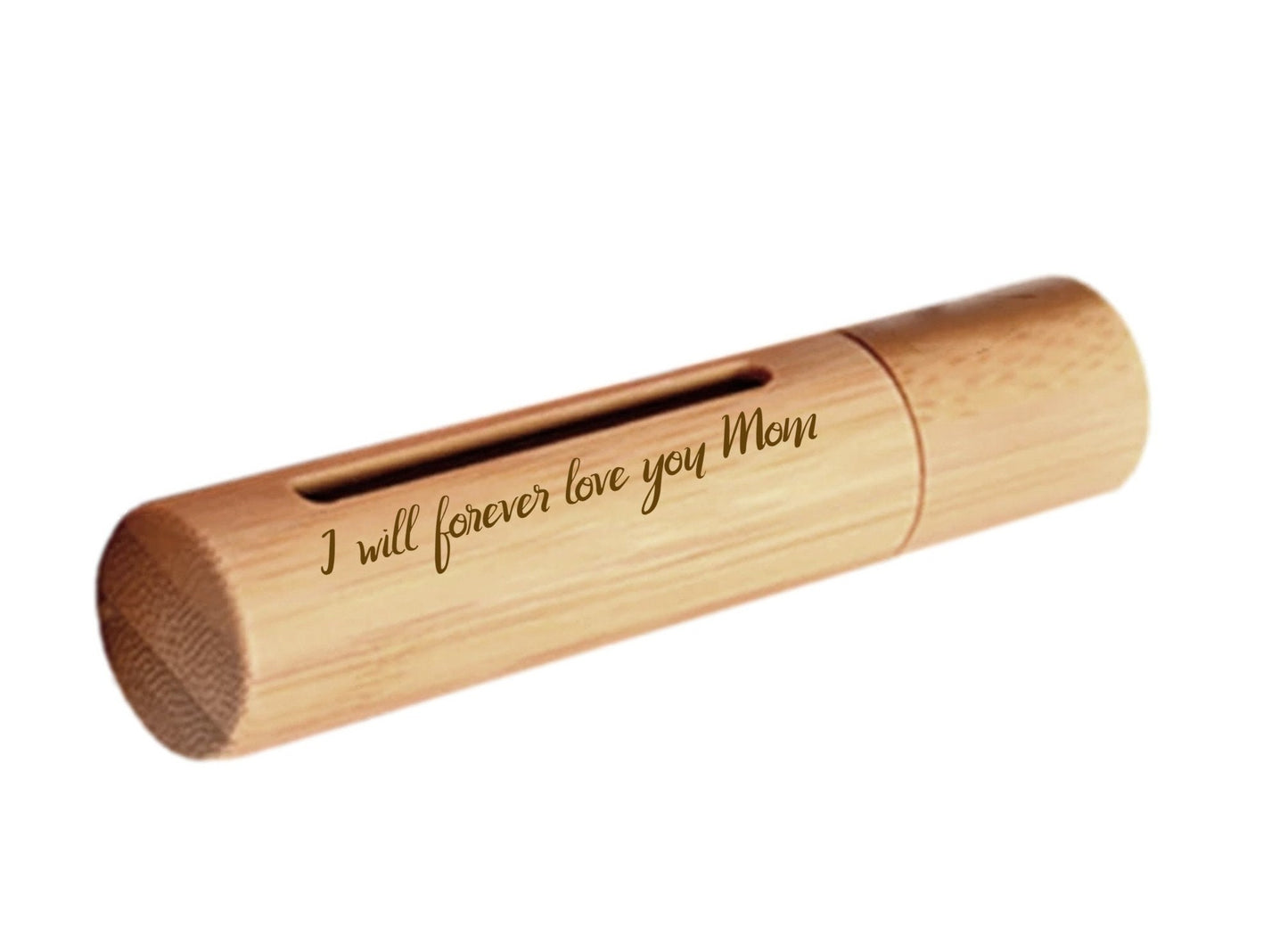 New ENGRAVED "I will forever love you Mom" Sandalwood Cremation Urn / Scattering Tube with Window - Fits Pocket or Purse, TSA Compliant