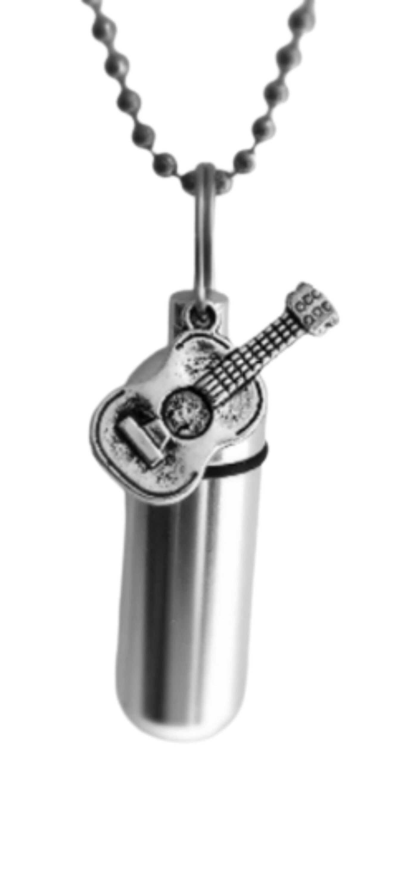 Set of Five Silver CREMATION URN Necklace with Acoustic/Folk Guitar - Mourning Jewelry, Memorial Keepsake, Ashes Necklace, Keepsake Urn