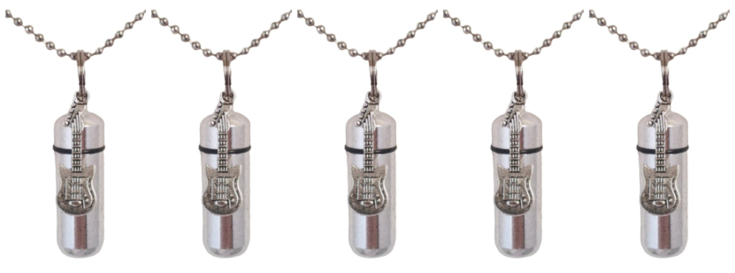 Set of 5 CREMATION URN Necklaces with Silver Electric Guitar, Mourning Jewelry, Memorial Jewelry, Ashes Necklace, Urn Necklace, Personalized