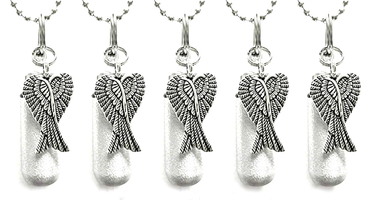 Set of FIVE Brushed Silver Angel Wings Cremation Urn Necklaces with Engraved Heart - Memorial Jewelry, Ashes Keepsake, Child Loss, Baby Urn