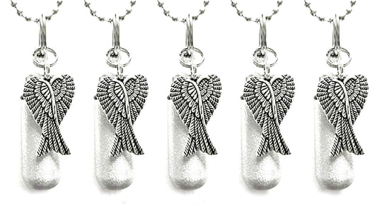 Set of FIVE Brushed Silver Angel Wings Cremation Urn Necklaces with Engraved Heart - Memorial Jewelry, Ashes Keepsake, Child Loss, Baby Urn
