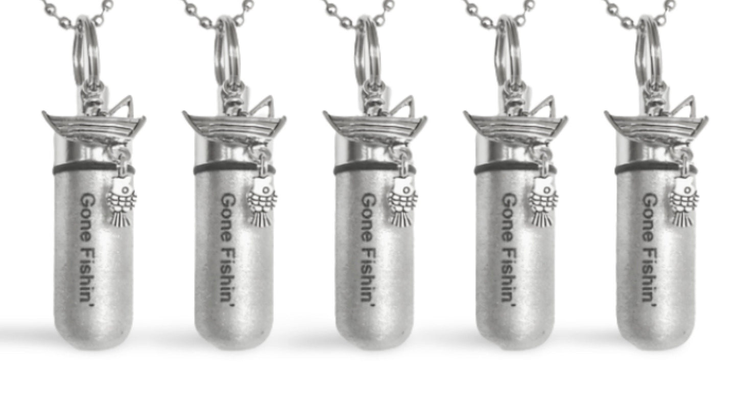Set of FIVE Brushed Silver Gone Fishing CREMATION URN Necklaces with Laser Engraved "Gone Fishin" Fisherman in Boat - Urn for Human Ashes